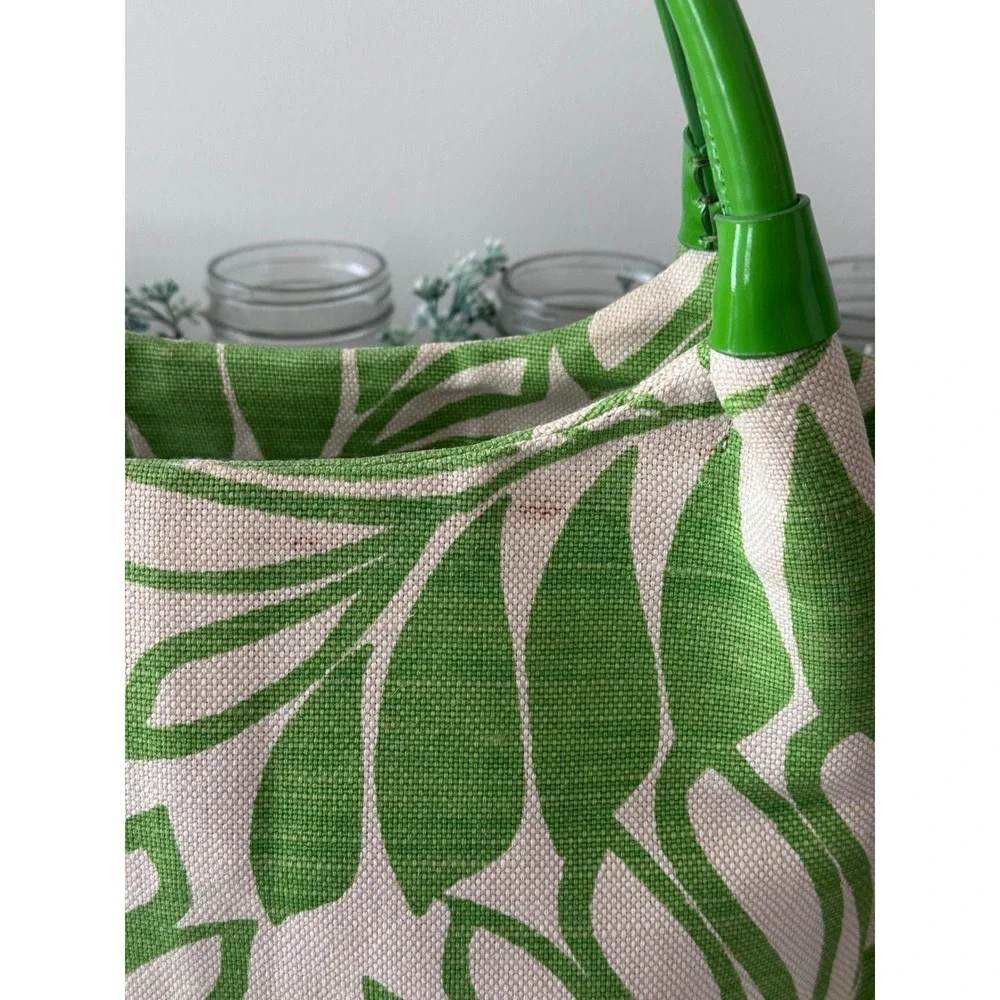 Kate Spade Green Tropical Leaf Print Canvas Tote Bag Patent Leather Trim